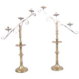 PAIR OF 19TH CENTURY BRASS TRIPLE SCONCE CANDLESTICKS