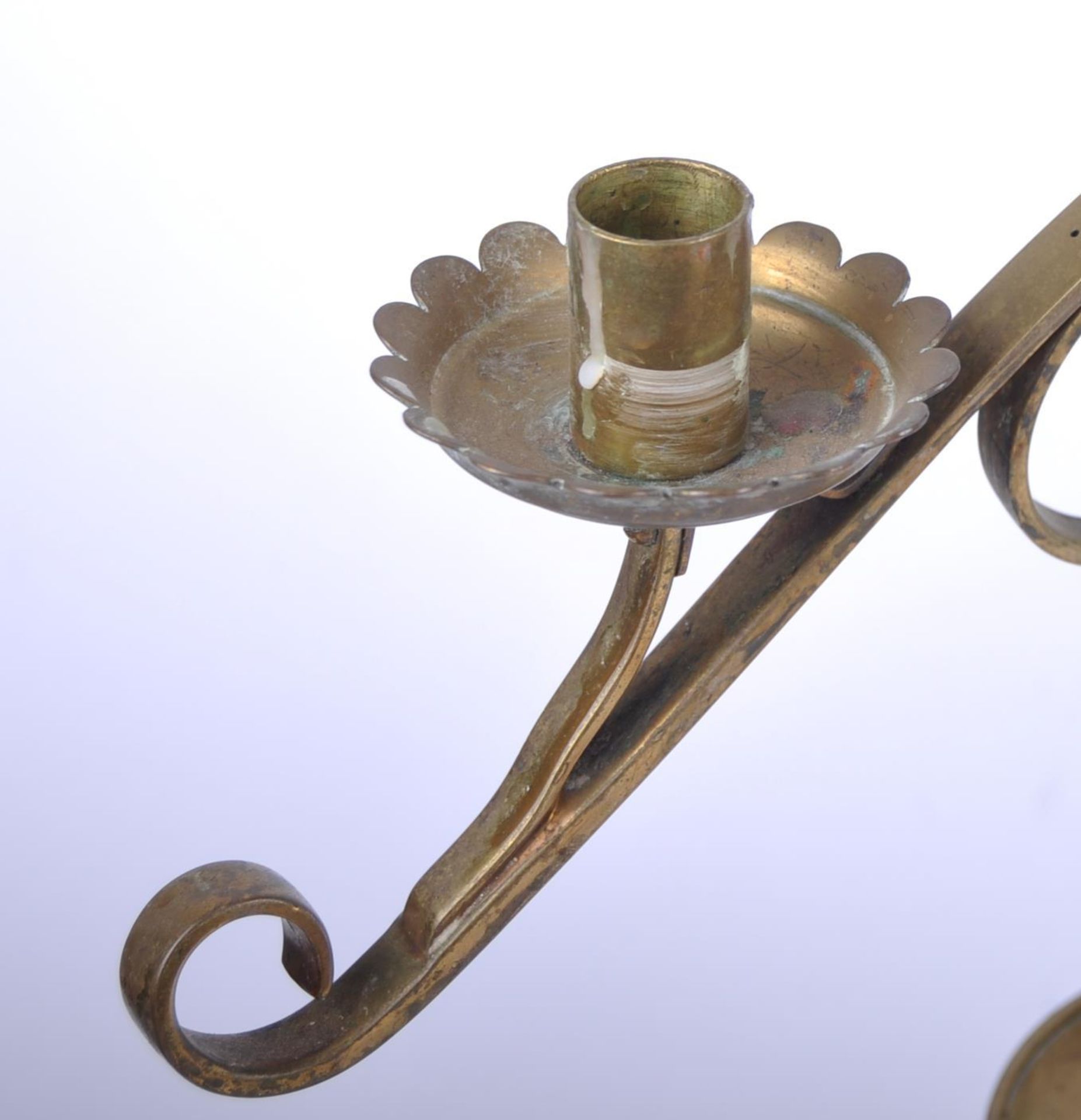 PAIR OF 19TH CENTURY BRASS TRIPLE SCONCE CANDLESTICKS - Image 4 of 8
