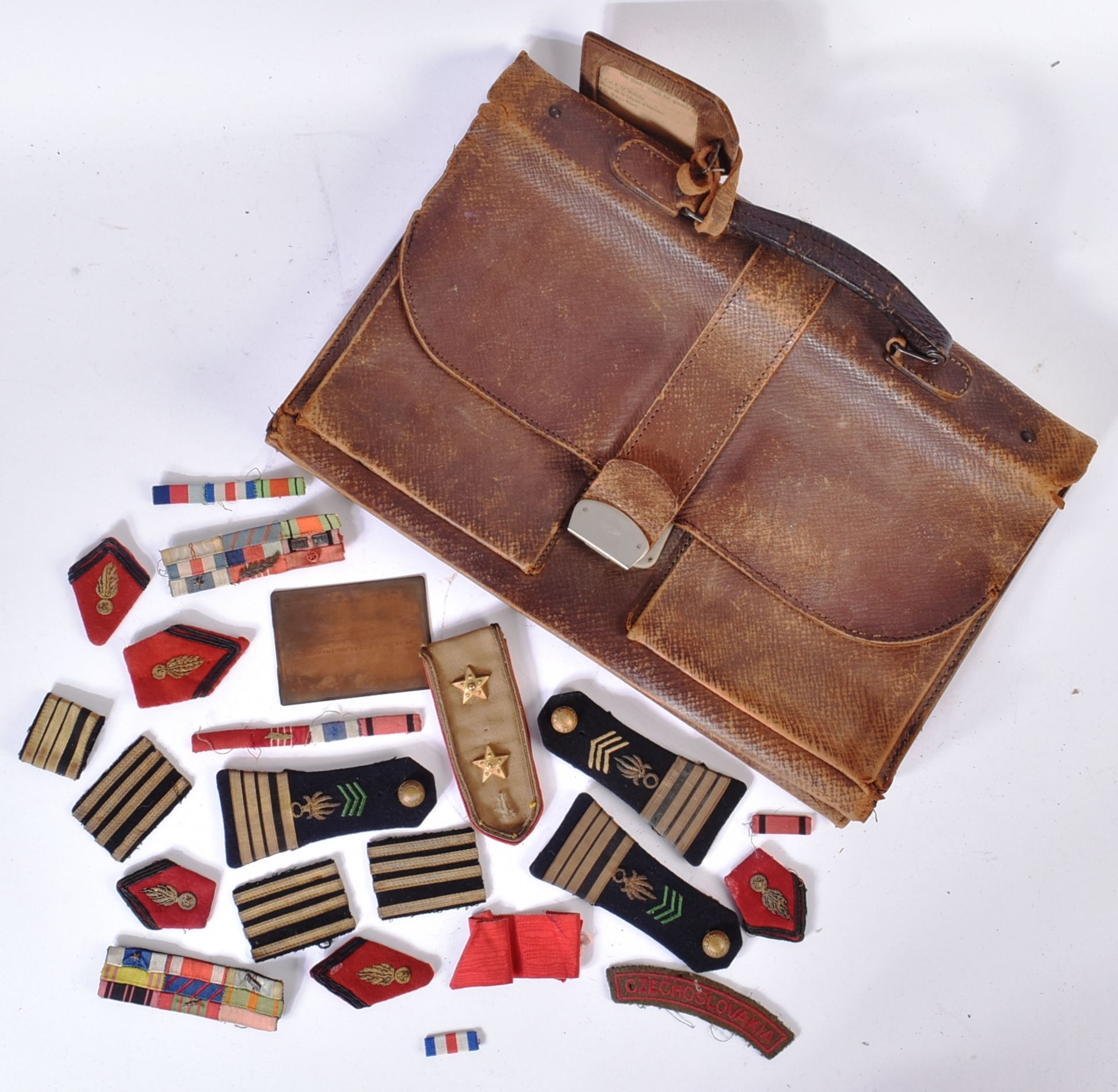 LEATHER SATCHEL, EPAULETTES & ADDRESS PLATE OF F. O. MIKSCHE