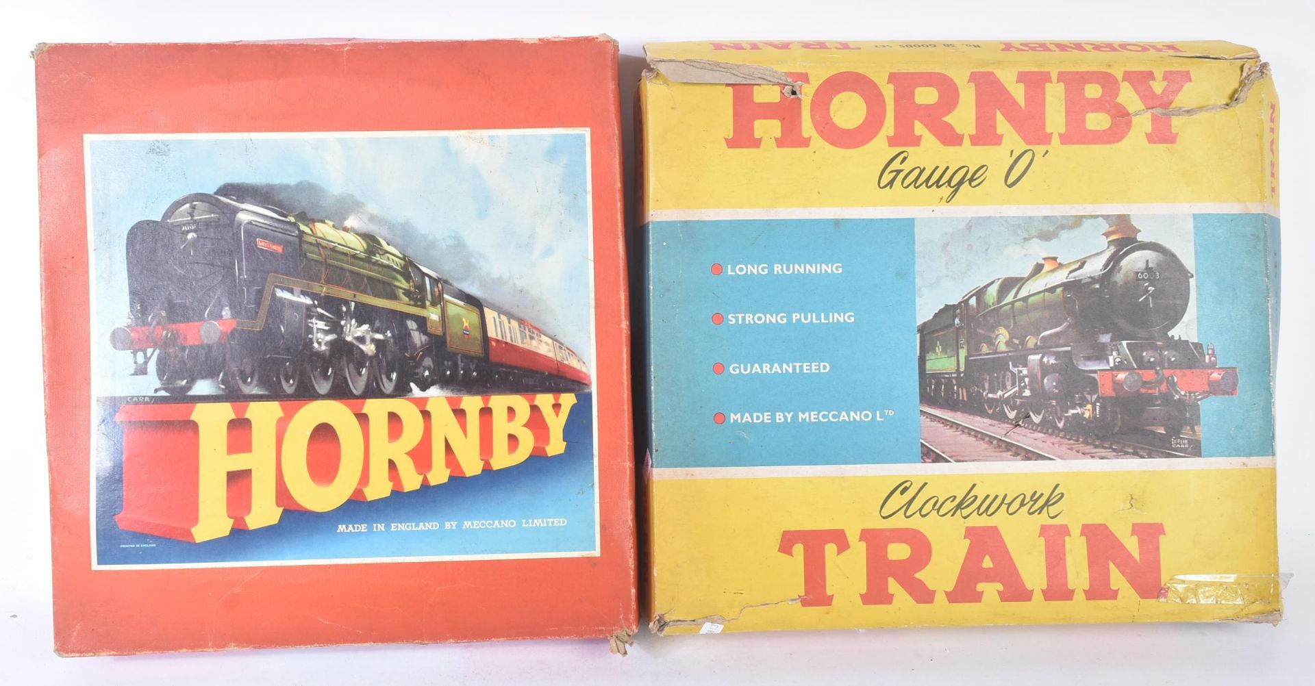 TWO VINTAGE HORNBY O GAUGE CLOCKWORK TRAINSETS