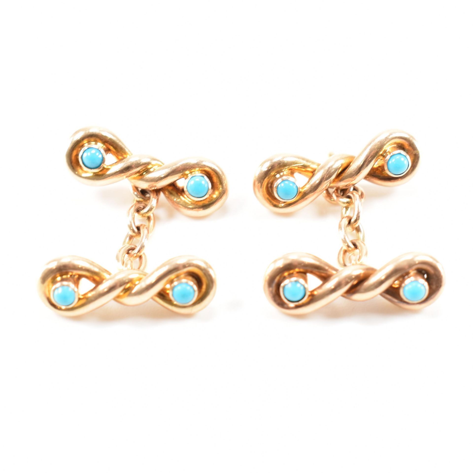 PAIR OF VINTAGE 15CT GOLD & TURQUOISE CUFFLINKS - Image 2 of 5