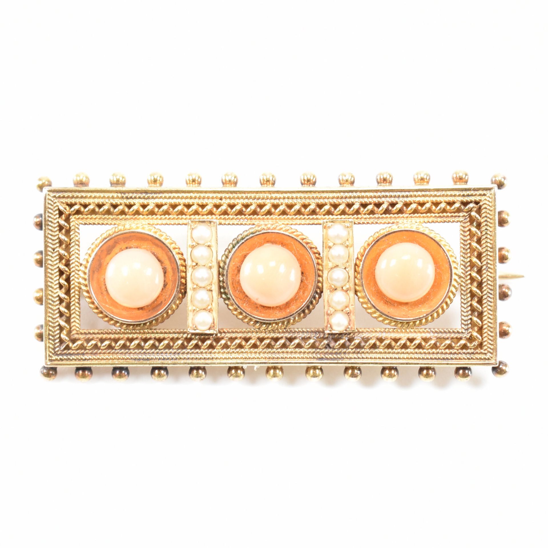 VICTORIAN ETRUSCAN REVIVIAL GOLD CORAL & PEARL BROOCH