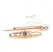 TWO VICTORIAN 9CT GOLD AMETHYST & SEED PEARL BROOCH PINS
