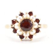 HALLMARKED 9CT GOLD PEARL & RED STONE CLUSTER RING