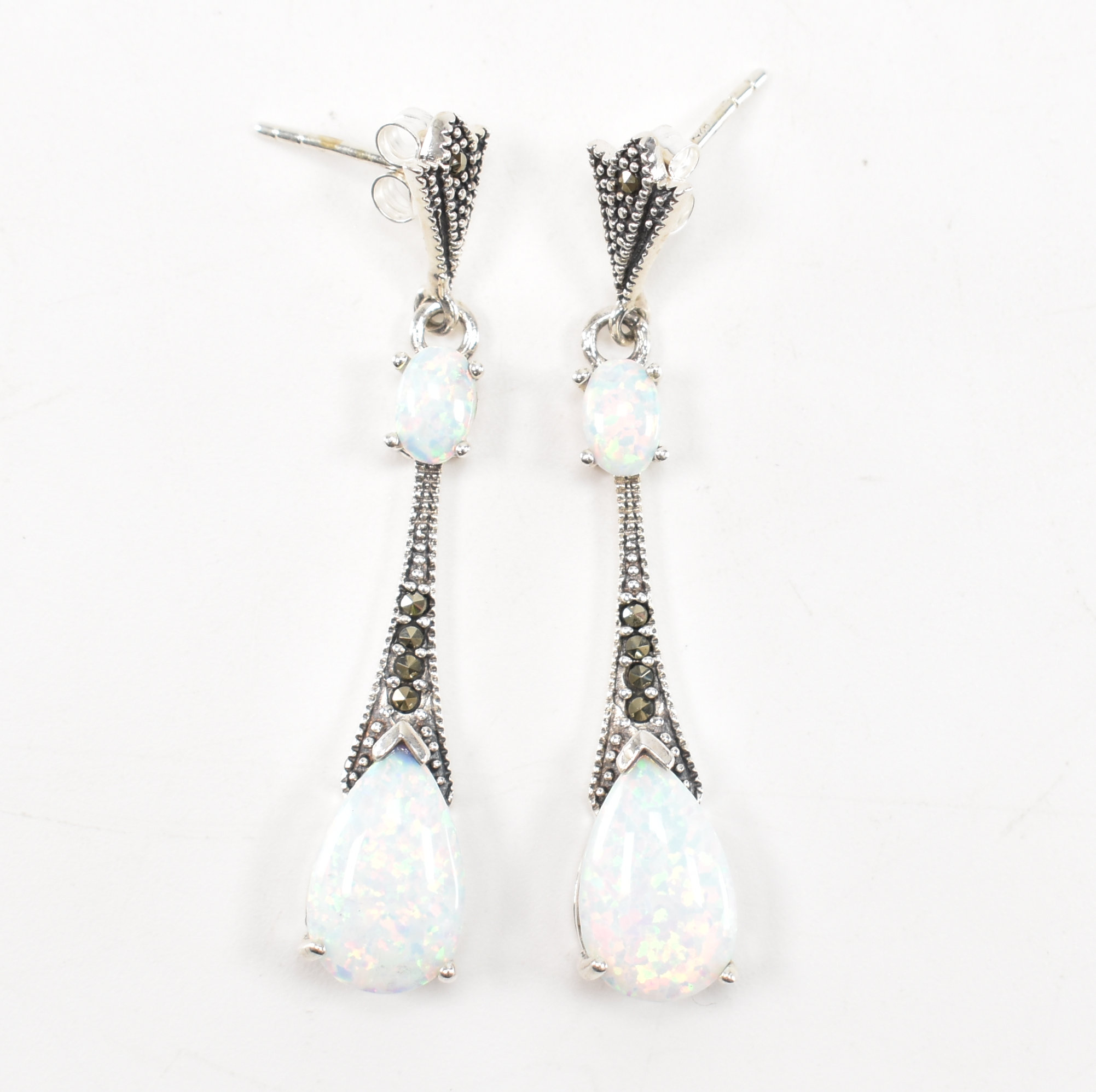 PAIR OF 925 SILVER OPALITE & MARCASITE DROP EARRINGS