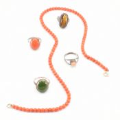 COLLECTION OF STONE SET SILVER RINGS & CORAL NECKLACE