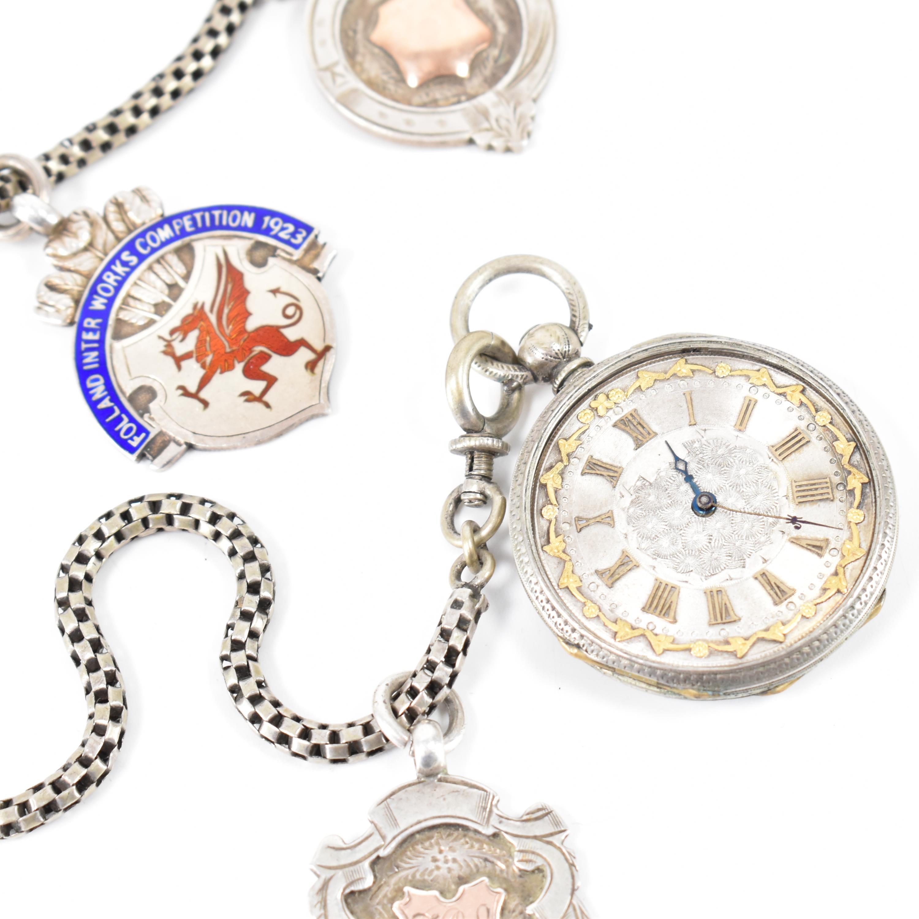 VICTORIAN SILVER OPEN FACE POCKET WATCH & WHITE METAL CHAIN - Image 3 of 10