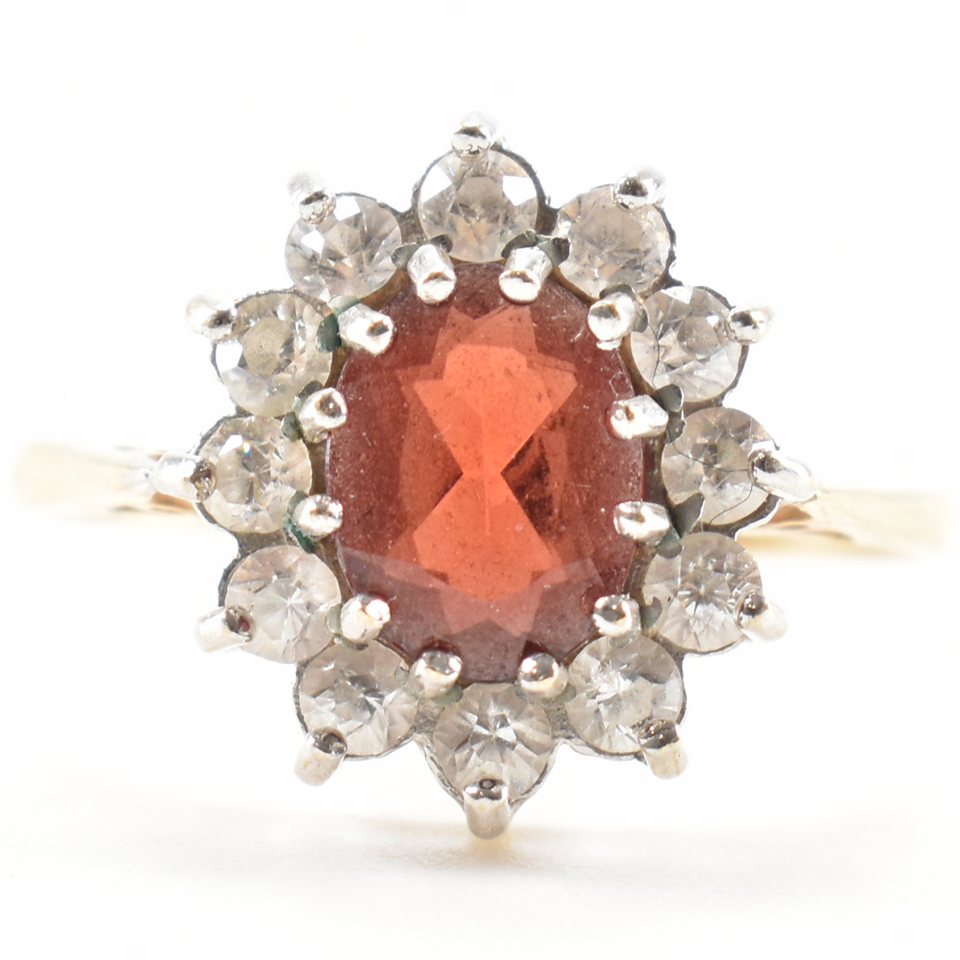 HALLMARKED 9CT GOLD GARNET & CZ CLUSTER RING