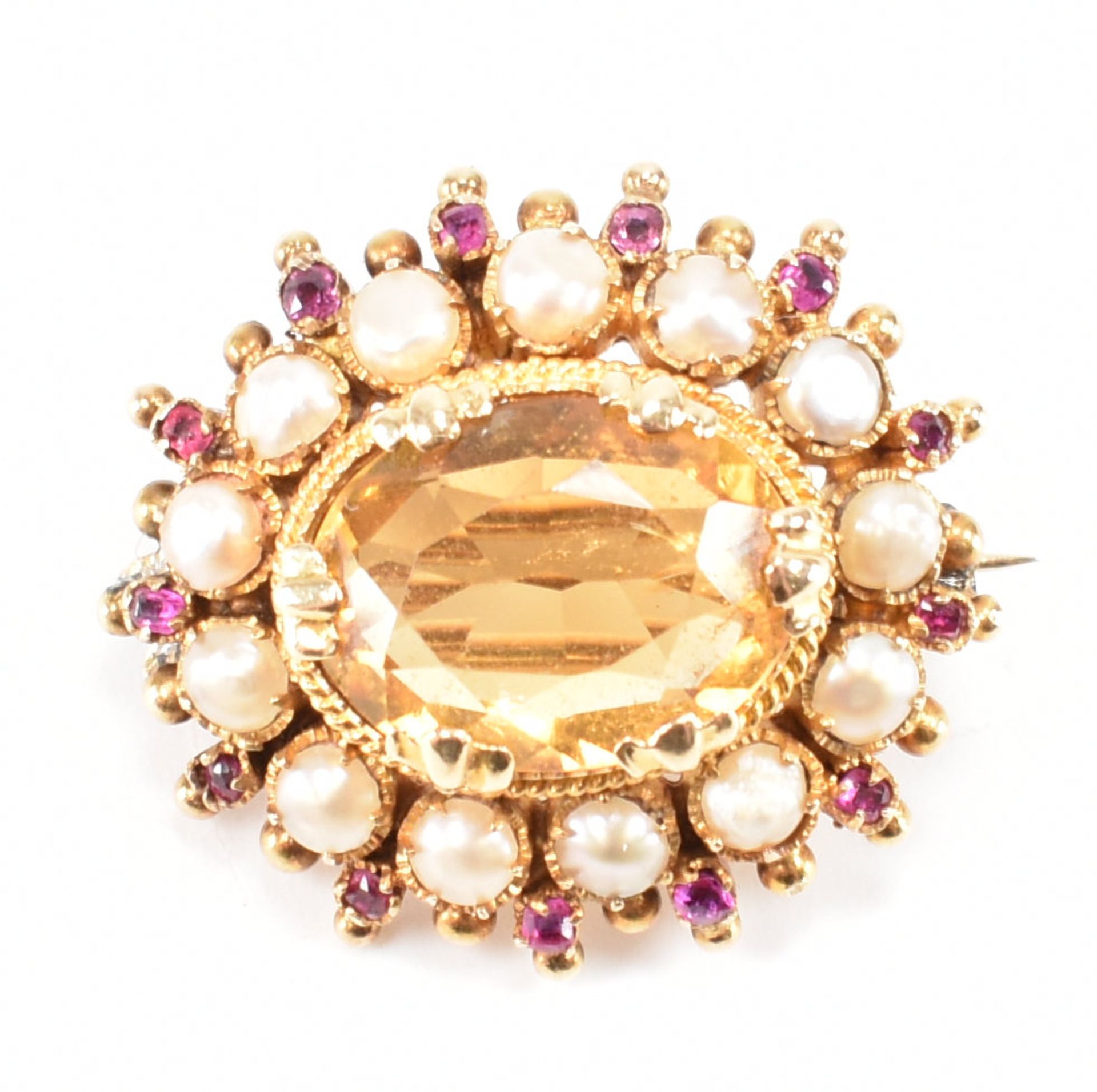 VICTORIAN CITRINE PEARL & RUBY BROOCH