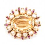 VICTORIAN CITRINE PEARL & RUBY BROOCH