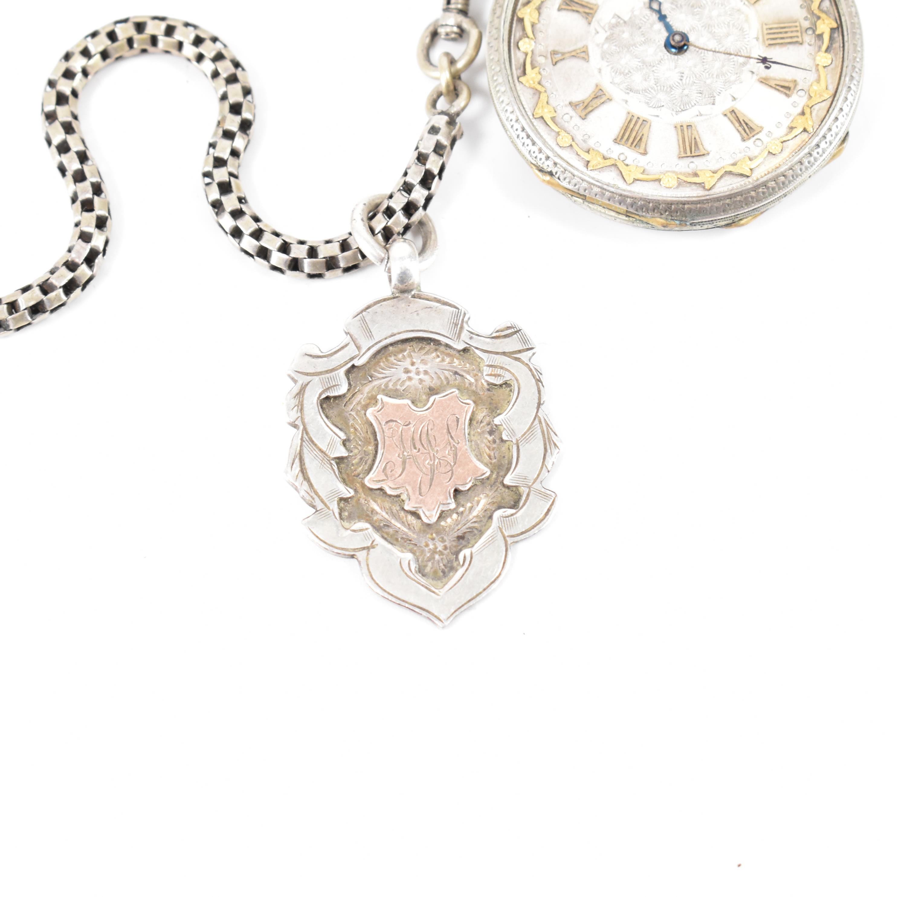 VICTORIAN SILVER OPEN FACE POCKET WATCH & WHITE METAL CHAIN - Image 2 of 10