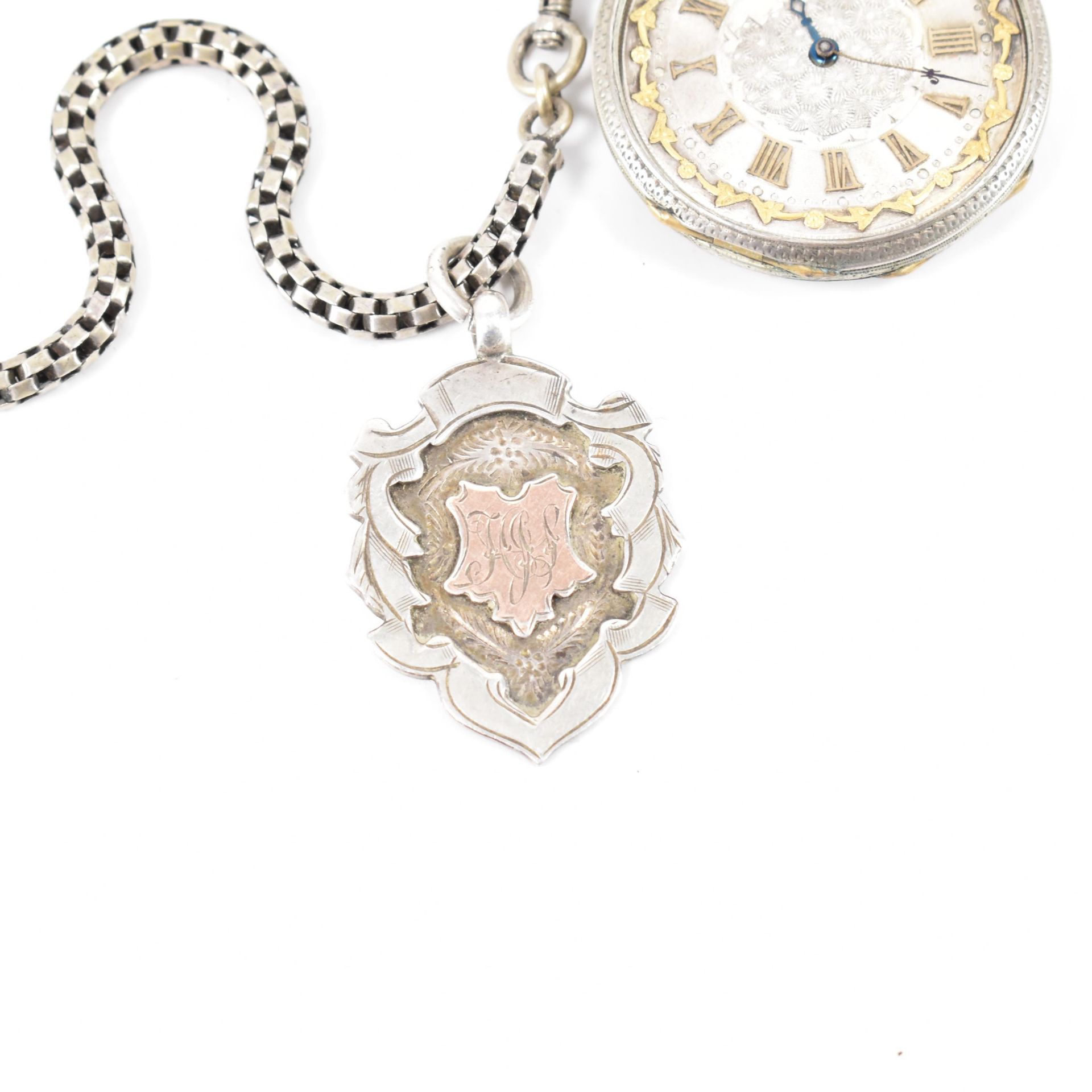 VICTORIAN SILVER OPEN FACE POCKET WATCH & WHITE METAL CHAIN - Image 2 of 10