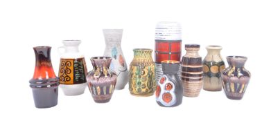 NINE RETRO VINTAGE WEST GERMAN POTTERY TABLE VASES