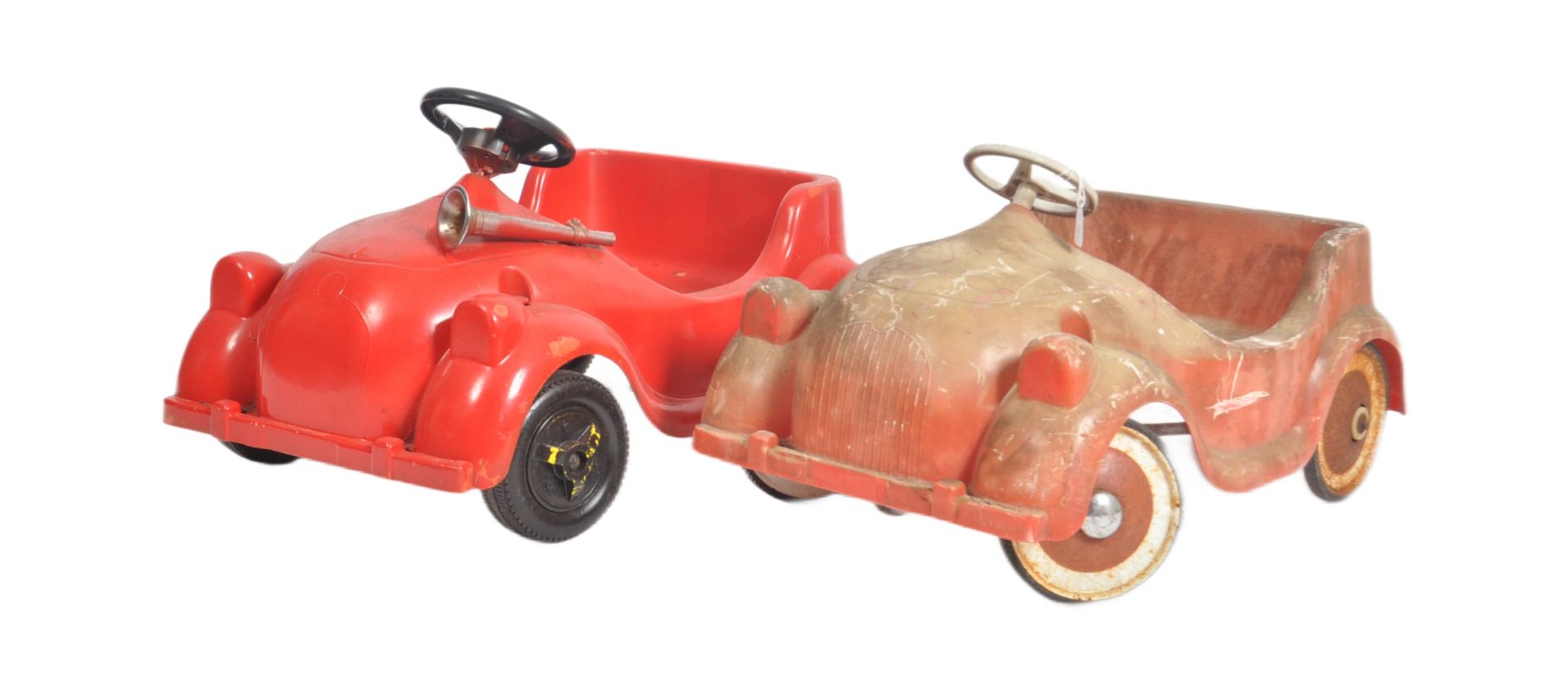 NEAR PAIR OF RETRO CHILDREN'S FORMED PLASTIC PEDAL CARS