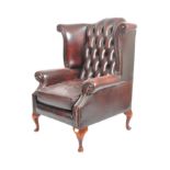 QUEEN ANNE REVIVAL BURGNDY LEATHER WINGBACK ARMCHAIR