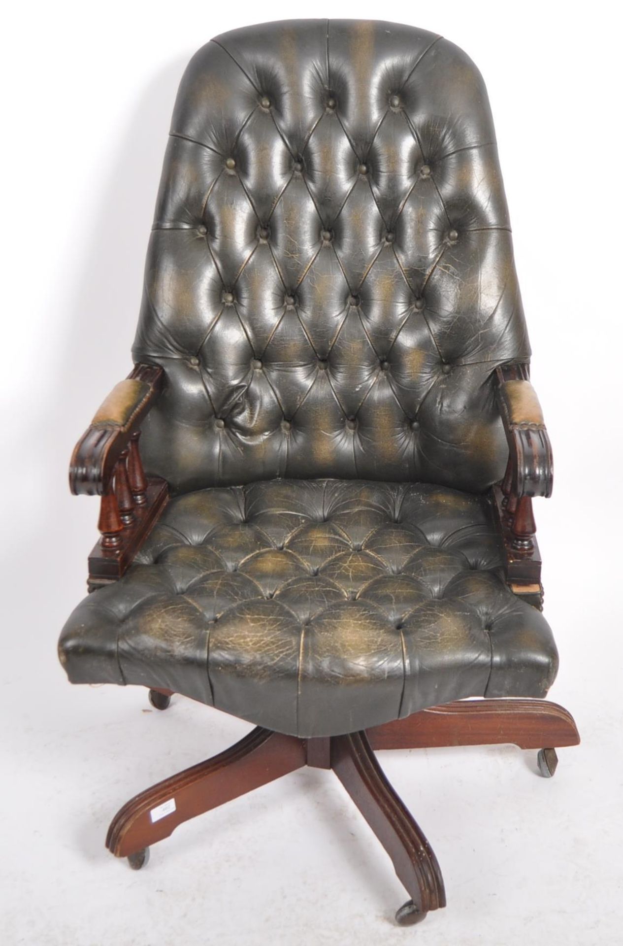 1980s VICTORIAN STYLE GREEN LEATHER CAPTAINS DESK CHAIR - Image 2 of 8