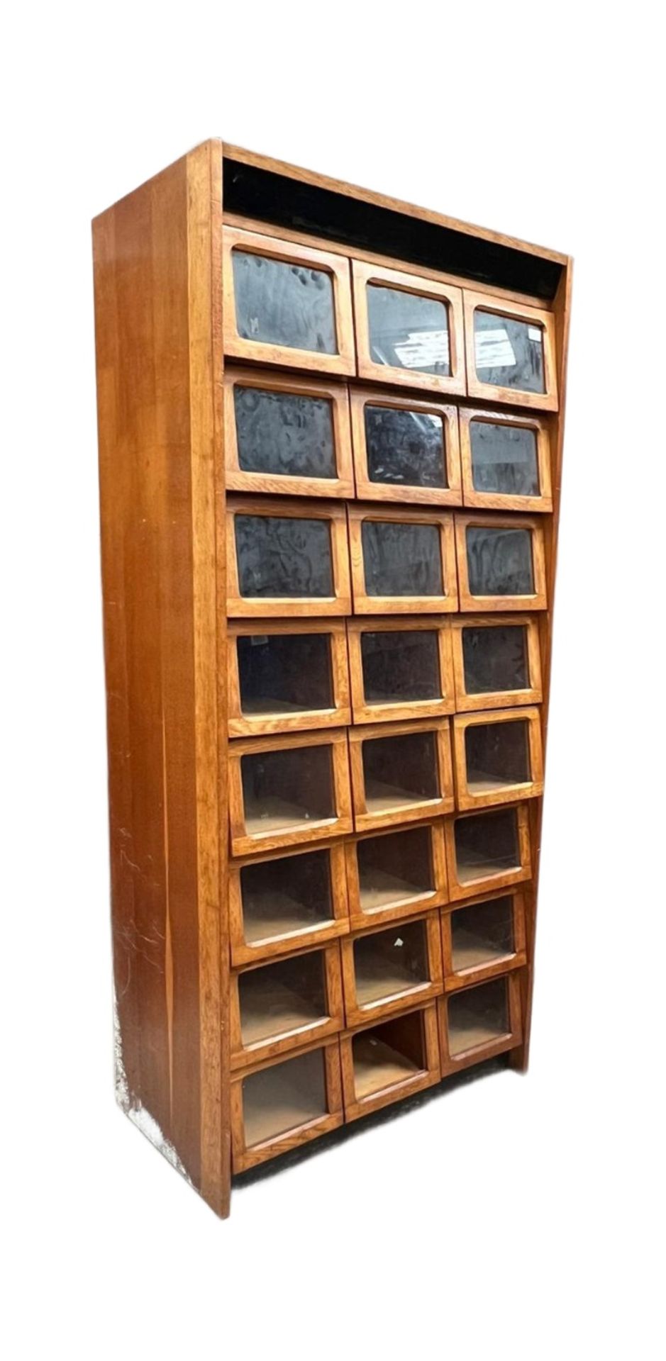 MID CENTURY OAK AND GLASS 24 DRAWER HABERDASHERY CABINET