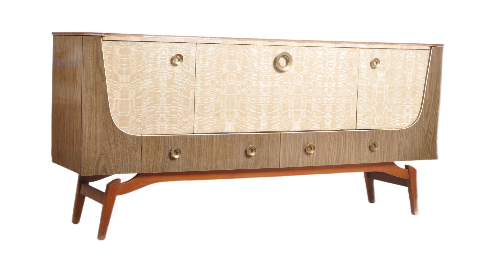 RETRO MID CENTURY SYCAMORE AND WALNUT FORMICA SIDEBOARD