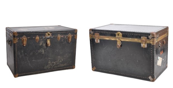 PAIR OF 1920s METAL BOUND STEAMER TRUNK CHEST SIDE TABLES