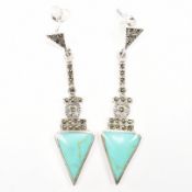 925 SILVER TURQUOISE & MARCASITE ART DECO STYLE EARRINGS