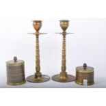 PAIR OF 19TH CENTURY BRASS CANDLESTICKS WITH FRAMES & POTS