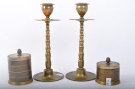 PAIR OF 19TH CENTURY BRASS CANDLESTICKS WITH FRAMES & POTS