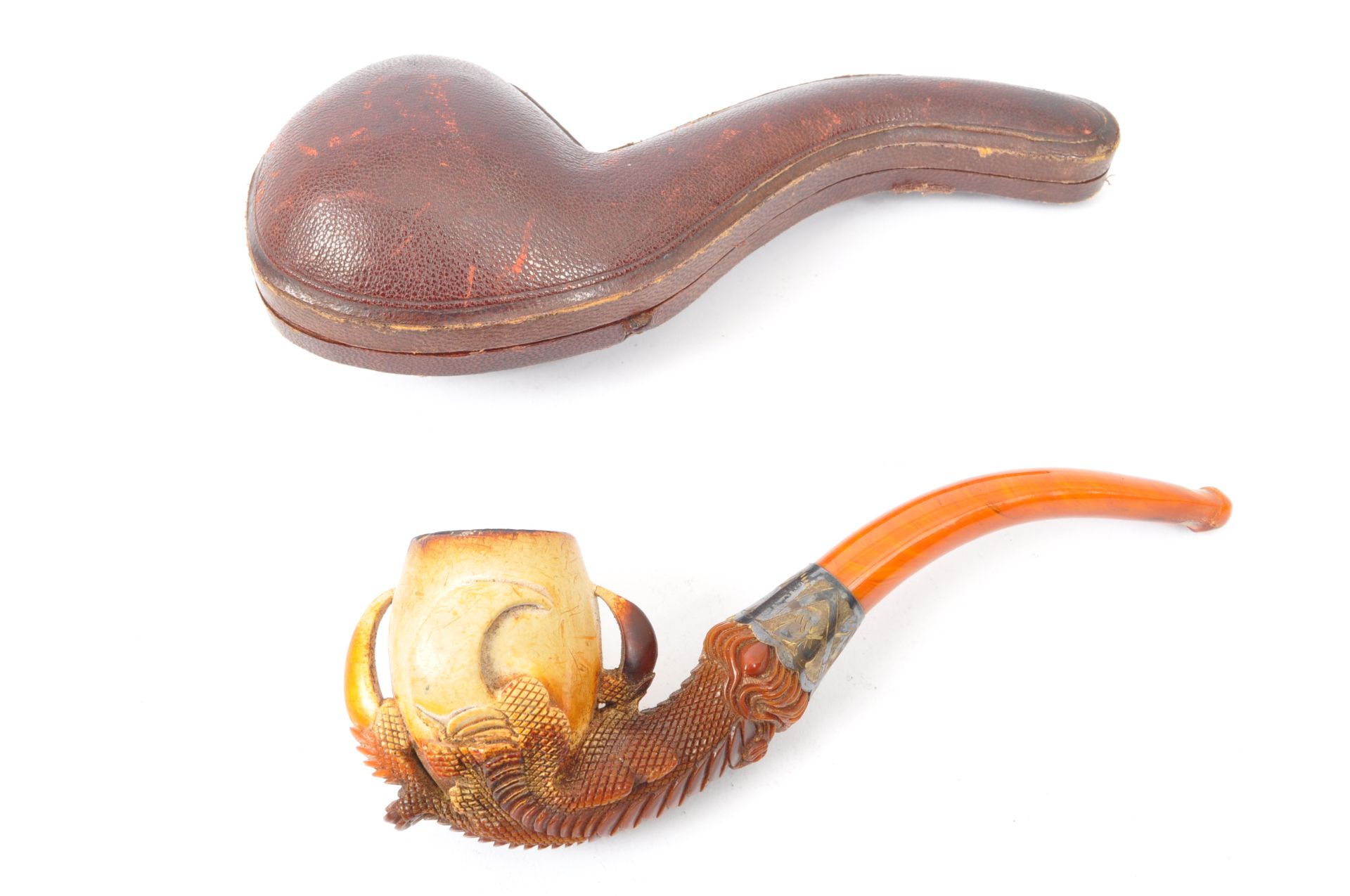 EARLY 20TH CENTURY MEERSCHAUM SILVER & AMBER TOBACCO PIPE