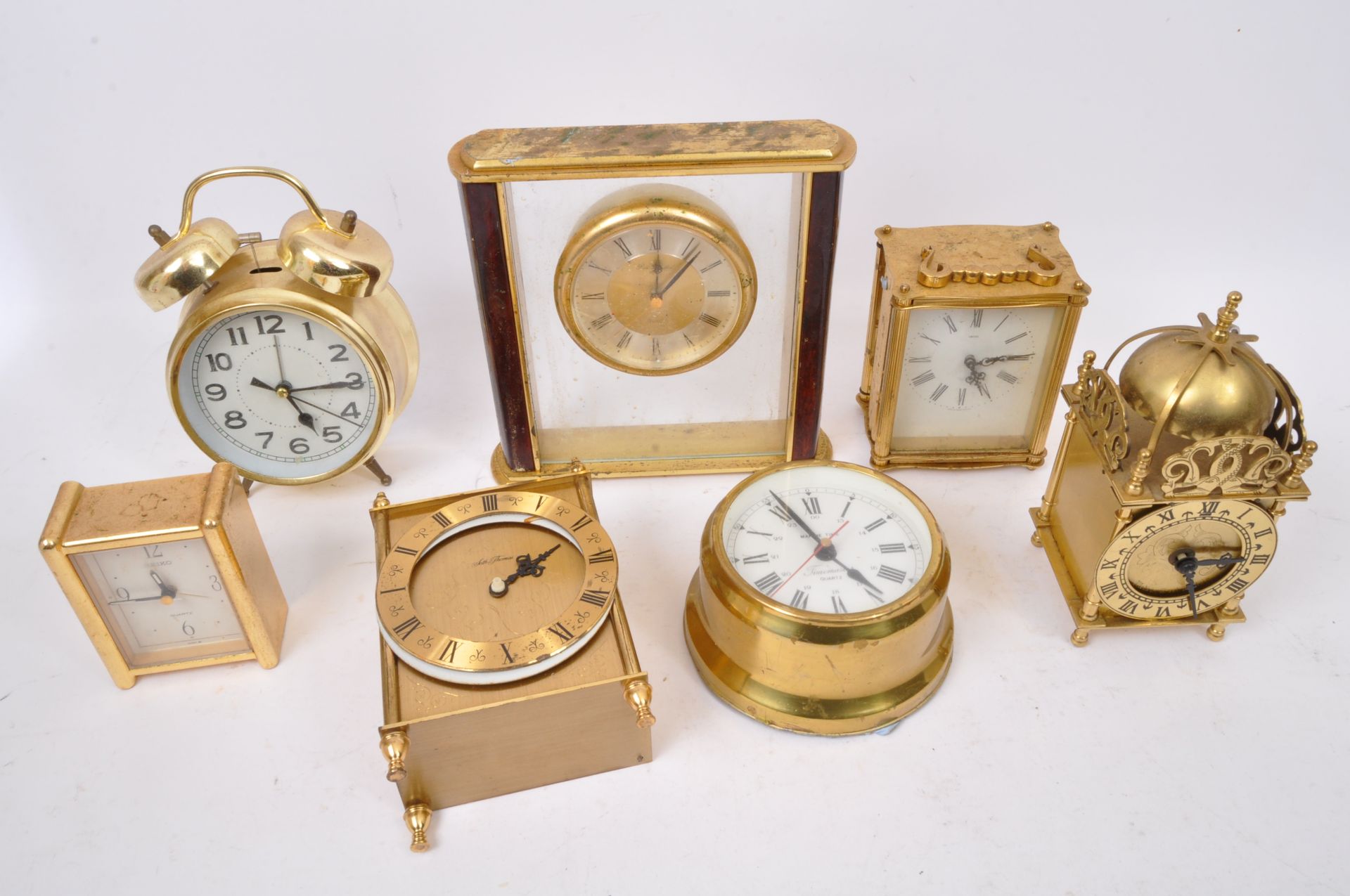 ASSORTMENT OF VINTAGE BRASS DESK CLOCK & ALARM CLOCKS