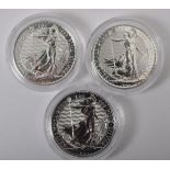 THREE UK QUEEN ELIZABETH II 1OZ 999 SILVER BRITANNIA £2 COINS