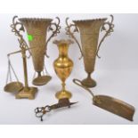 ASSORTMENT OF VINTAGE BRASS ITEMS W/ TWIN HANDLED VASE