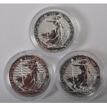 THREE 2022 UK QUEEN ELIZABETH II 999 SILVER 1OZ £2 BRITANNIA COINS