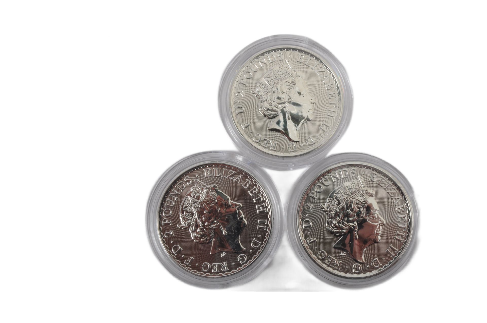 THREE UK QUEEN ELIZABETH II 1OZ 999 SILVER BRITANNIA £2 COINS