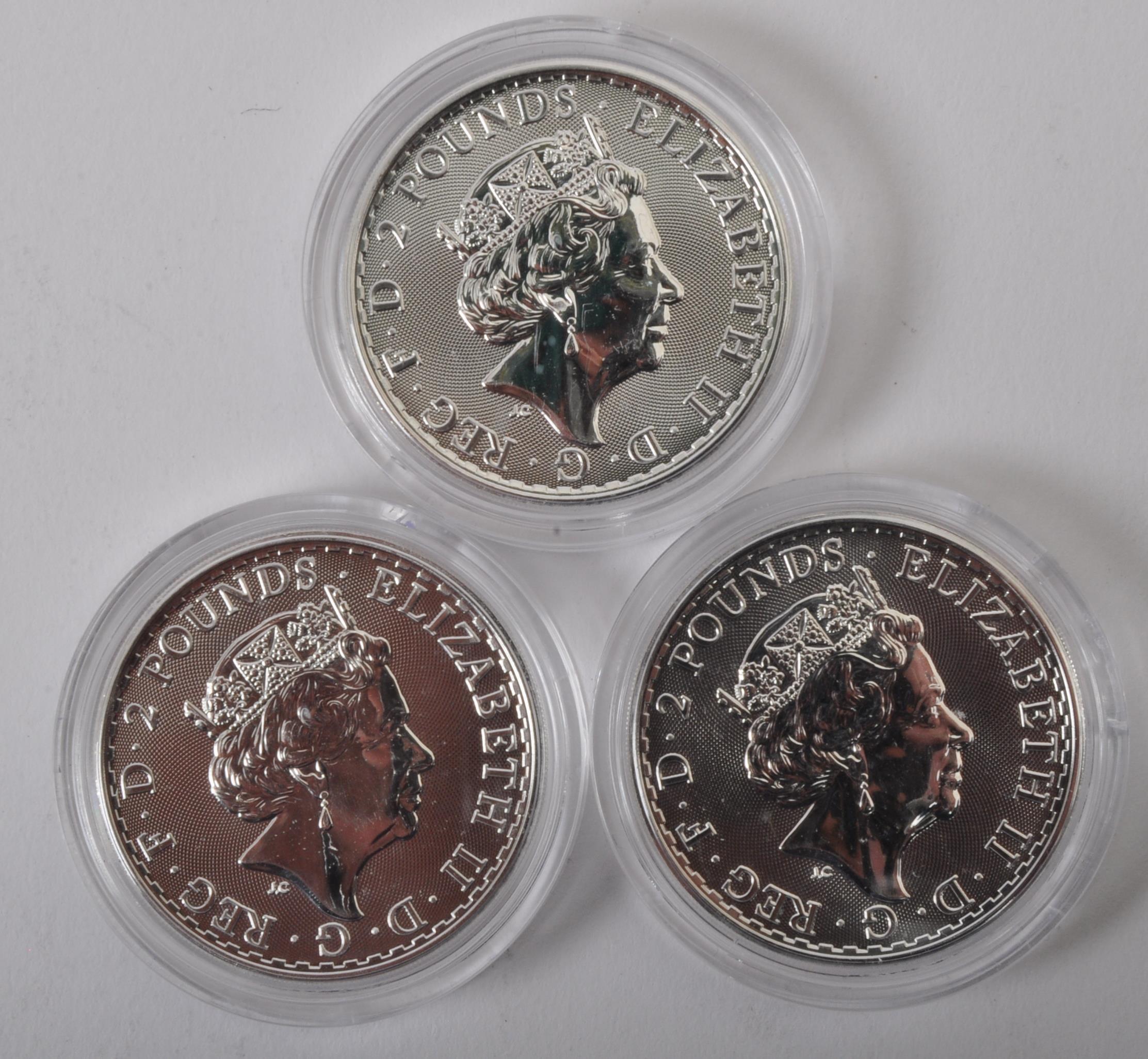 THREE 2022 UK QUEEN ELIZABETH II 999 SILVER 1OZ £2 BRITANNIA COINS - Image 2 of 2