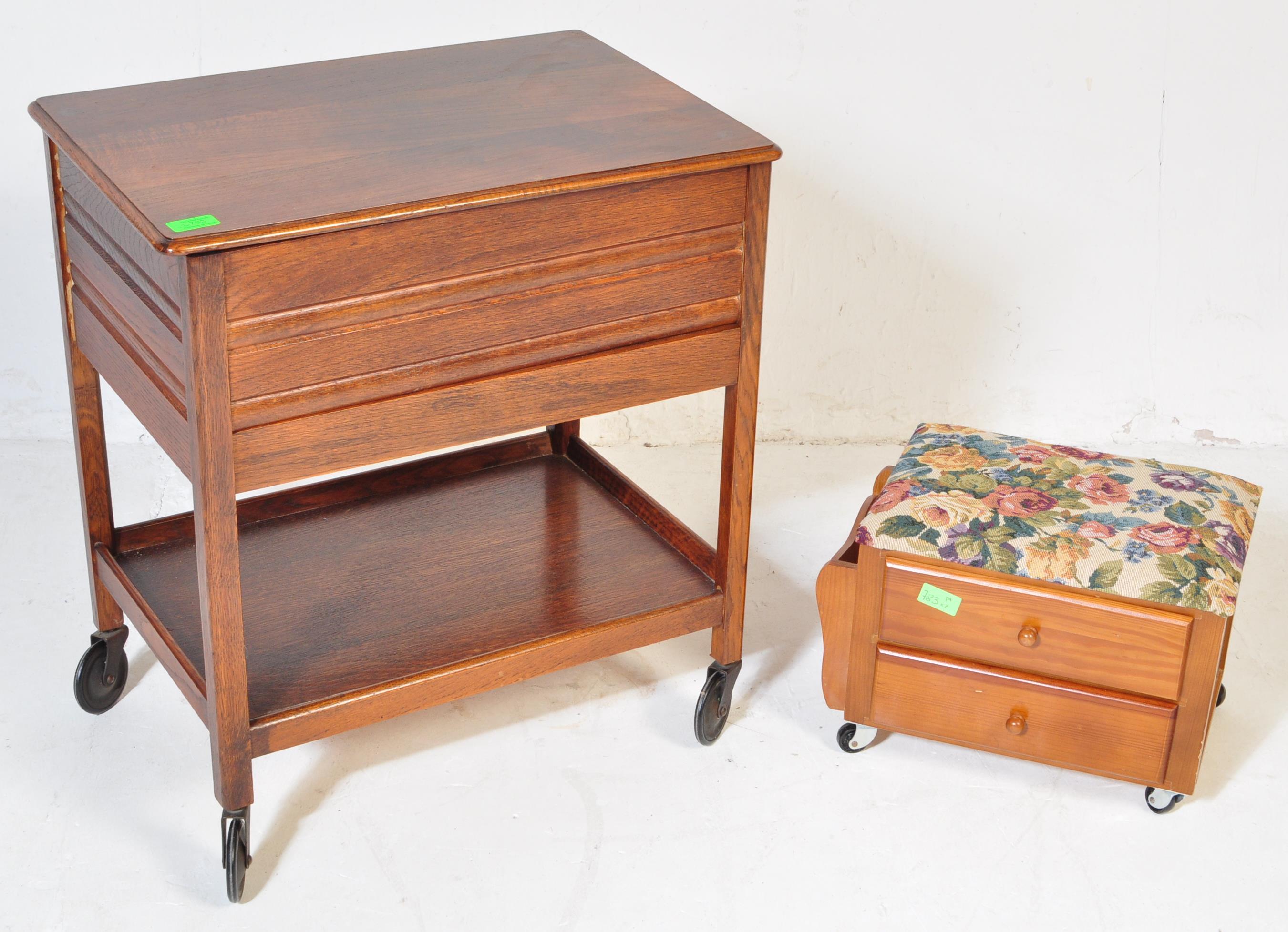 1940S OAK SEWING BOX TROLLEY TABLE & GOLDEN OAK SEWING BOX - Image 2 of 5