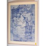 LARGE FRAMED BATIK BLUE PANEL PAINTING