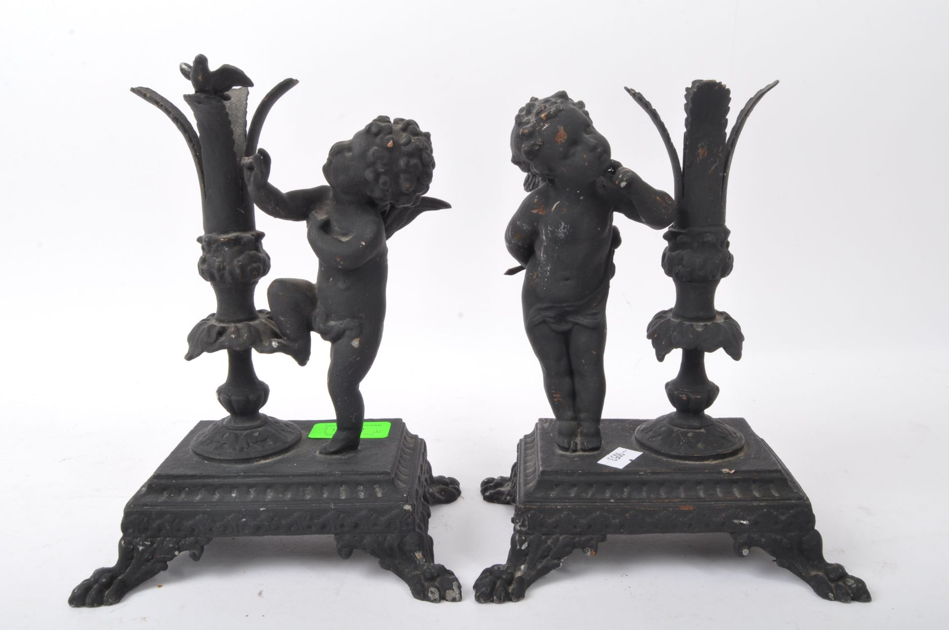 PAIR OF 20TH CENTURY CAST IRON EBONISED CHERUB CANDLE HOLDERS - Image 3 of 5