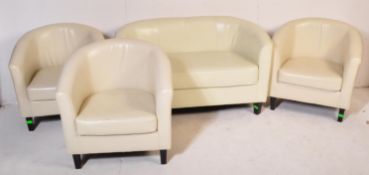 RETRO 20TH CENTURY WHITE FAUX LEATHER STITCHED LOUNGE SUITE