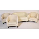 RETRO 20TH CENTURY WHITE FAUX LEATHER STITCHED LOUNGE SUITE