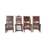 THREE CAROLEAN REVIVAL OAK CARVED DINING CHAIRS T/W ANOTHER