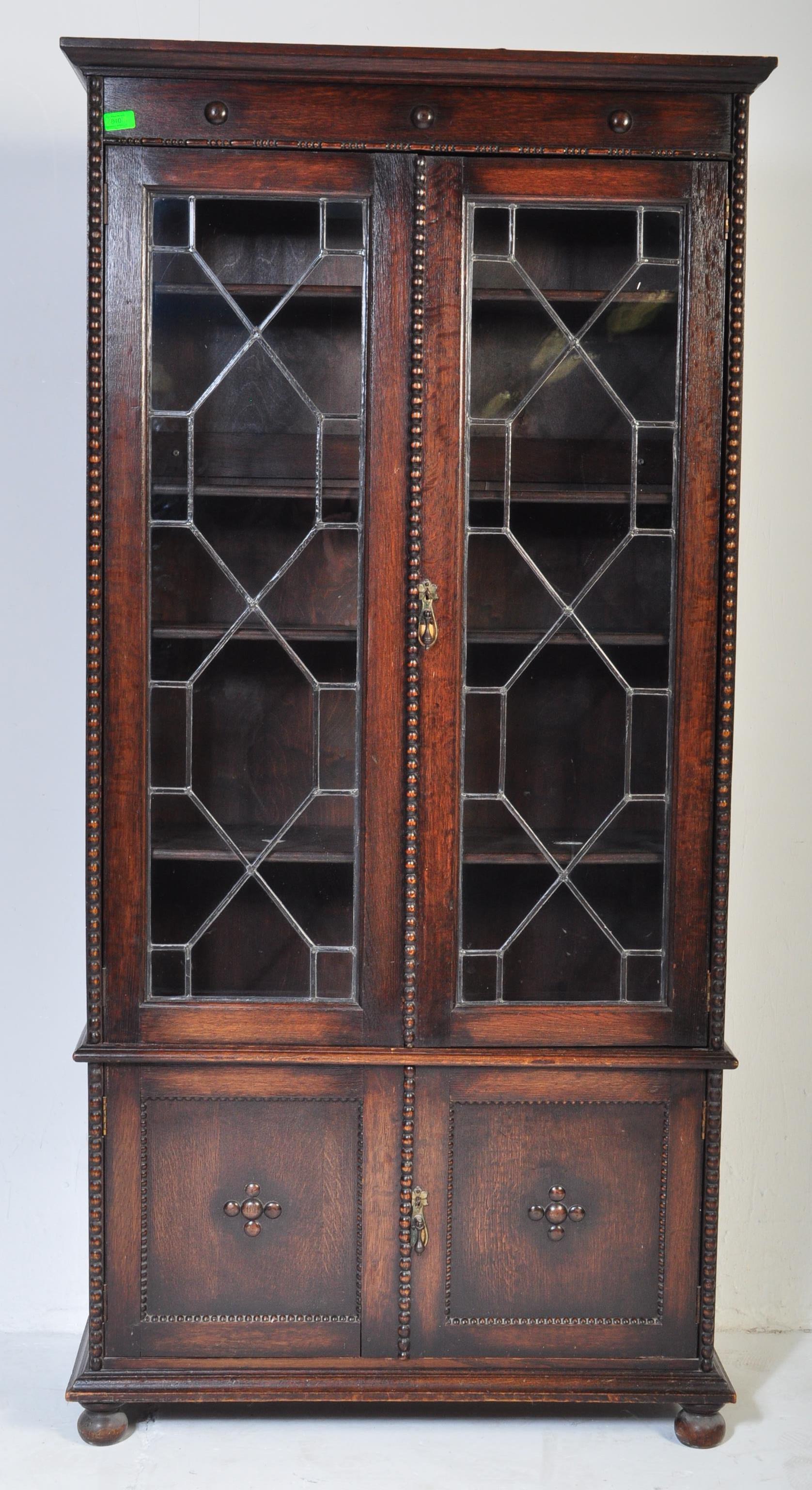 1920S OAK LEADED GLASS LIBRARY BOOKCASE CABINET - Image 2 of 5