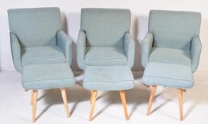THREE CONTEMPORARY LIGHT BLUE LOUNGE CHAIRS WITH STOOLS