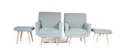 PAIR OF CONTEMPORARY BLUE FABRIC PADDED LOUNGE CHAIRS WITH STOOLS