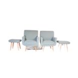 PAIR OF CONTEMPORARY BLUE FABRIC PADDED LOUNGE CHAIRS WITH STOOLS