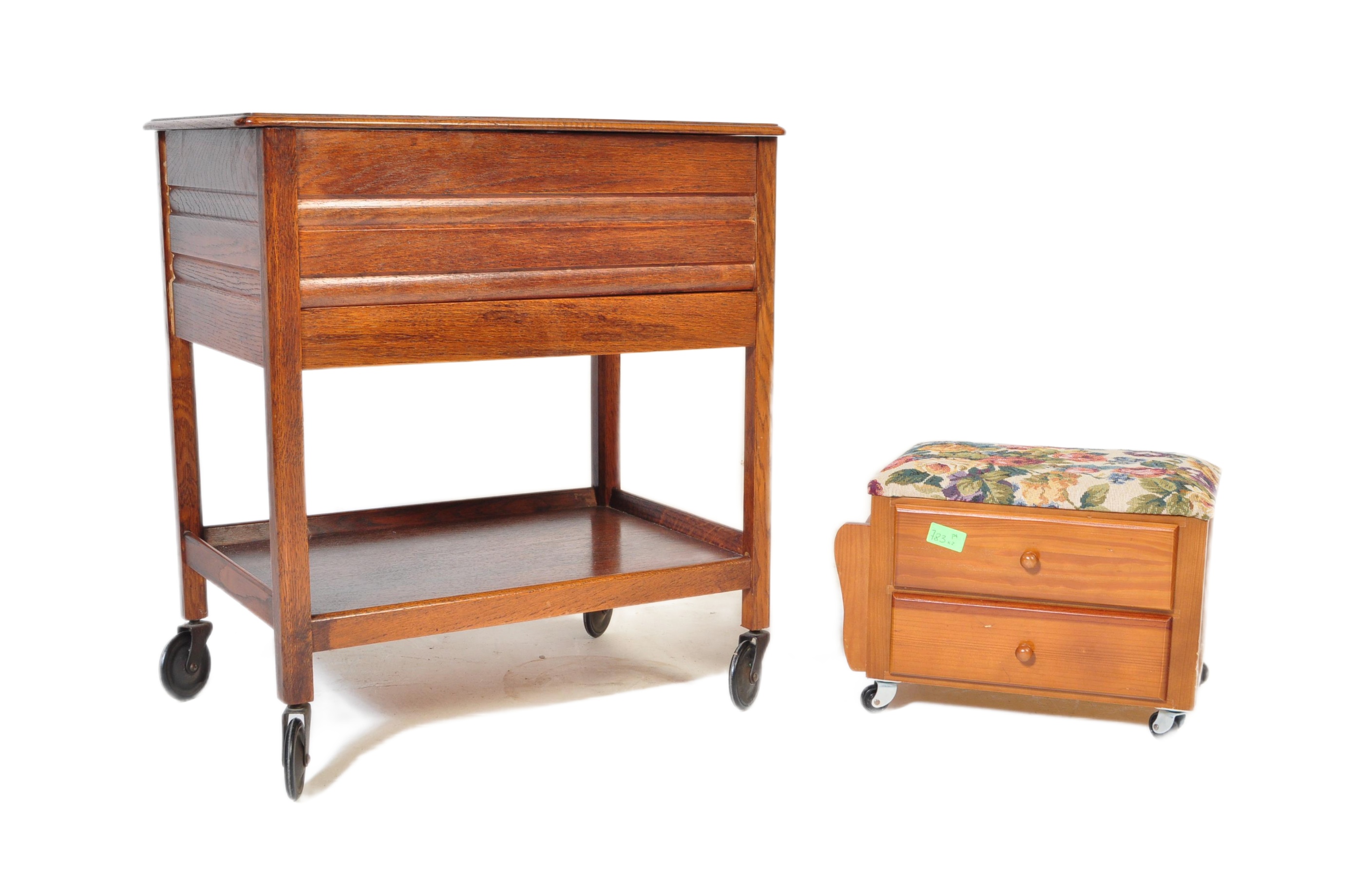 1940S OAK SEWING BOX TROLLEY TABLE & GOLDEN OAK SEWING BOX