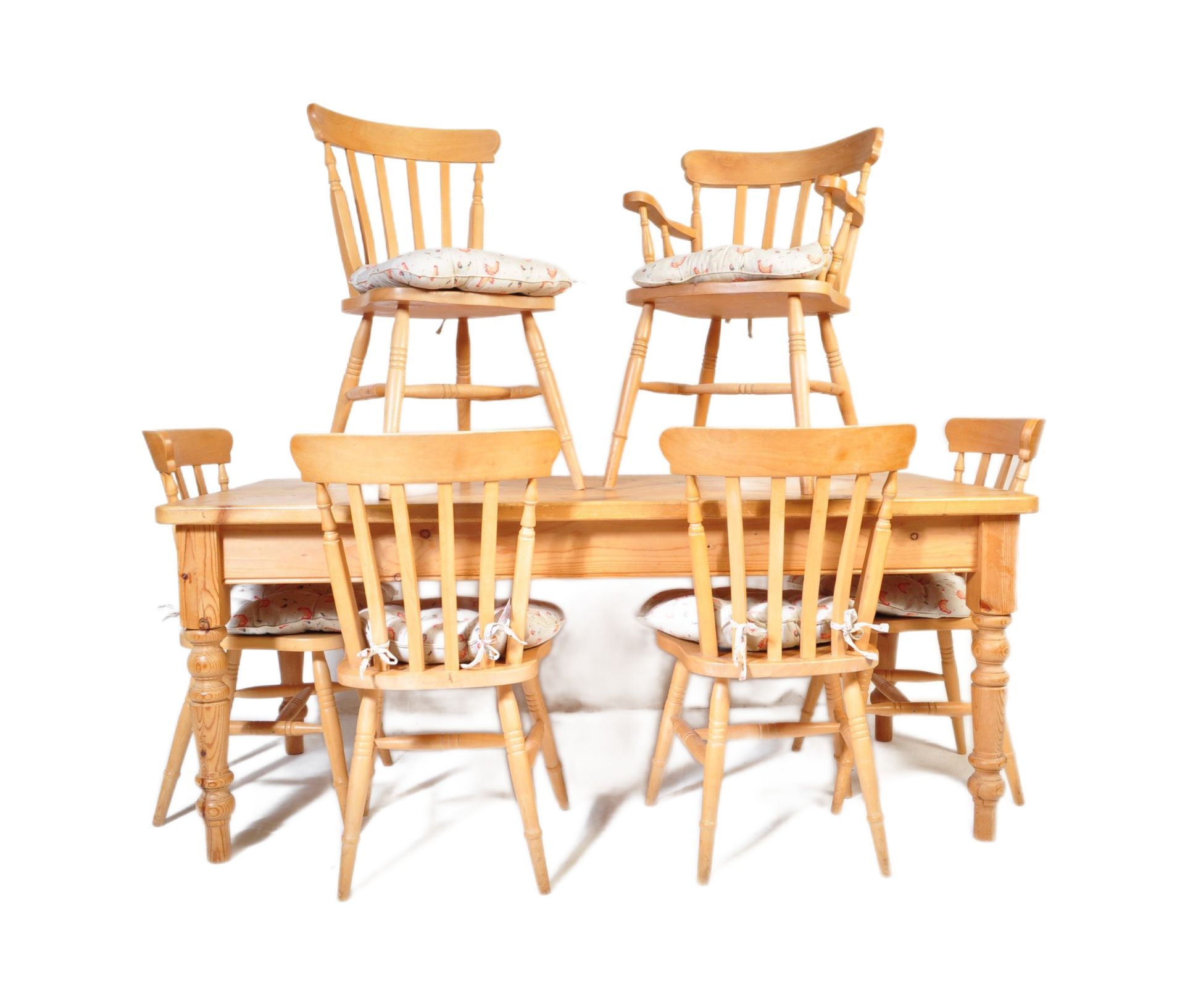 20TH CENTURY PINE KITCHEN REFECTORY DINING TABLE & CHAIRS