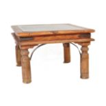 CONTEMPORARY INDIAN HARDWOOD & GLASS SIDE LAMP TABLE