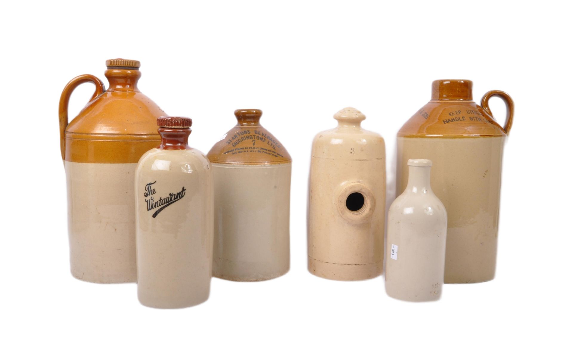 COLLECTION OF SIX STONEWARE FLAGONS