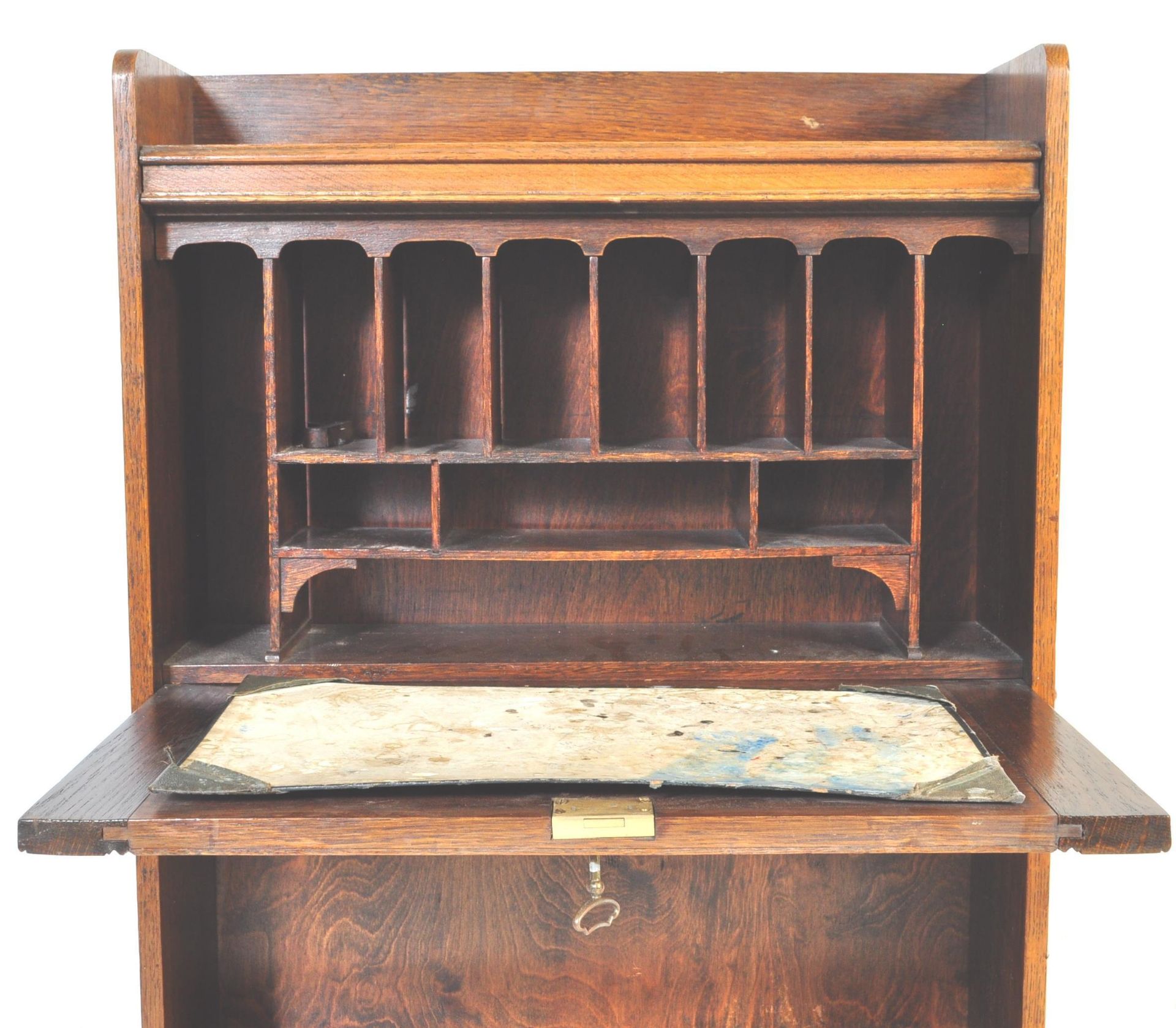 ARTS & CRAFT EARLY 20TH CENTURY OAK STUDENT BOOKCASE BUREAU - Image 4 of 6