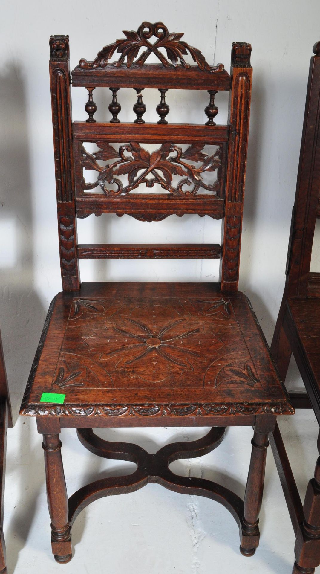 THREE CAROLEAN REVIVAL OAK CARVED DINING CHAIRS T/W ANOTHER - Image 3 of 7