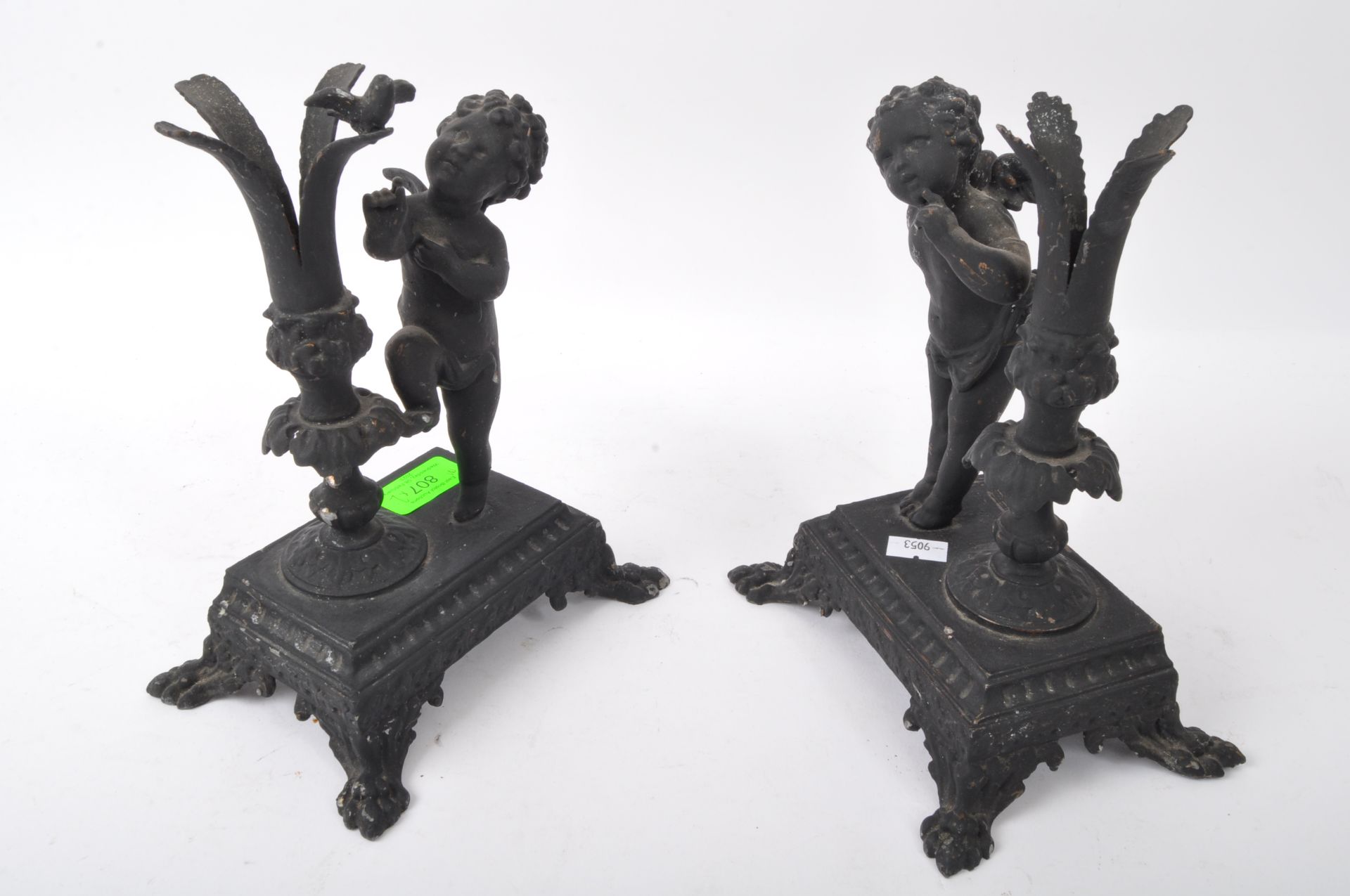 PAIR OF 20TH CENTURY CAST IRON EBONISED CHERUB CANDLE HOLDERS - Image 2 of 5